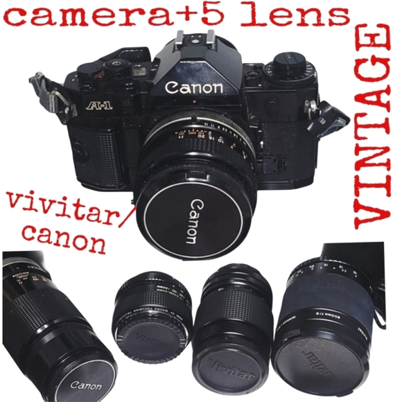Canon A1 Film Camera & 2 Lens+ 3 Vivitar Lens& Cases Vintage Camera Set